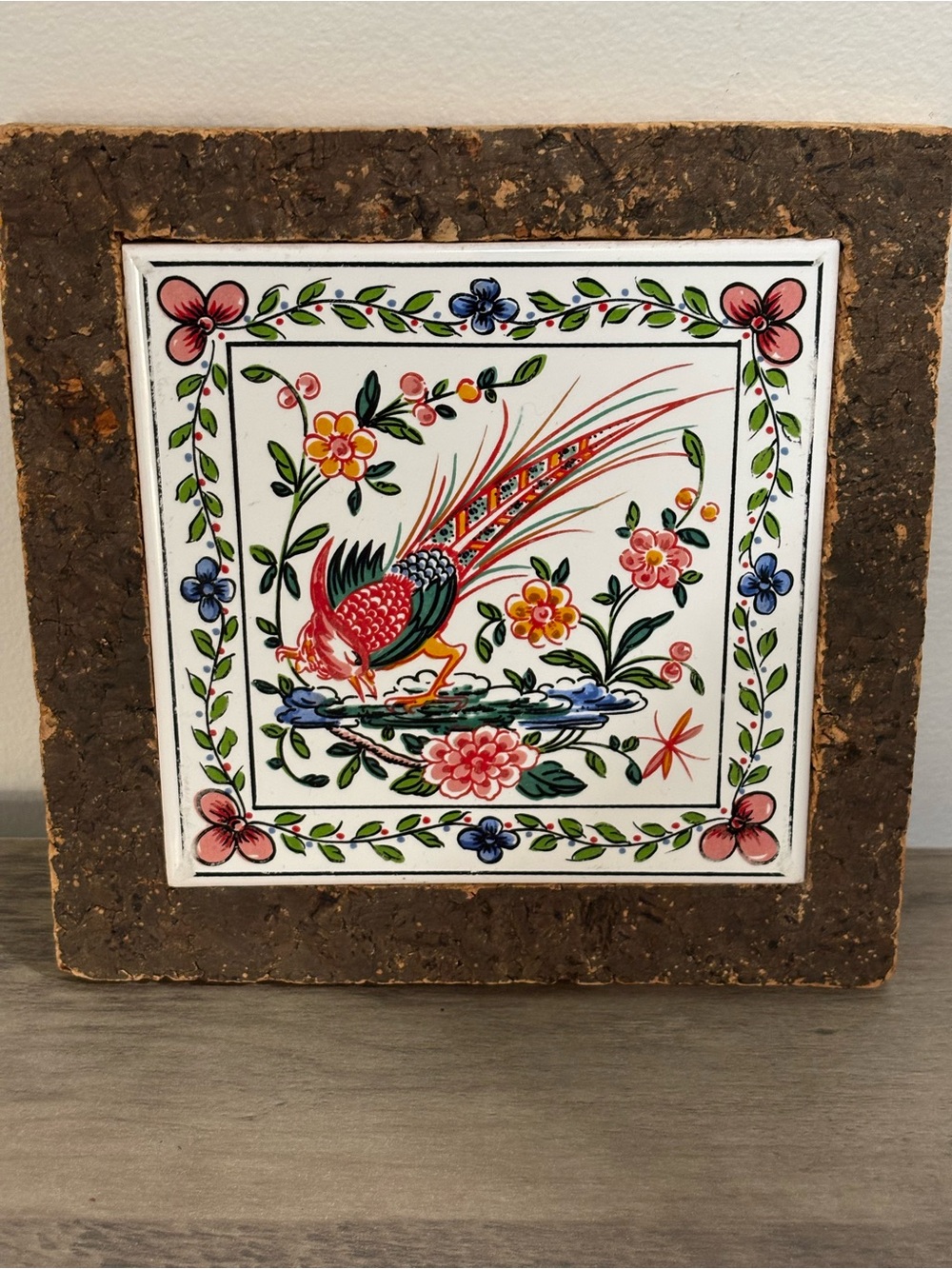 Vintage Hand-Painted Floral Bird Ceramic Tile and Cork Trivet / Wall Art.